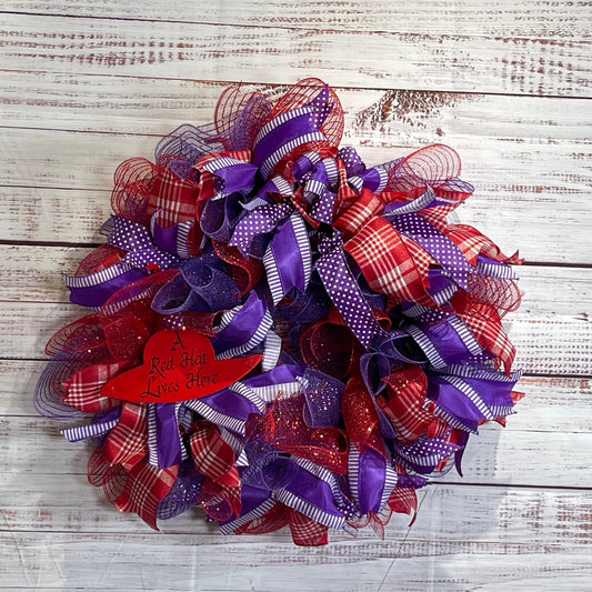 Red Hat Society Wreath - Script and Ribbon